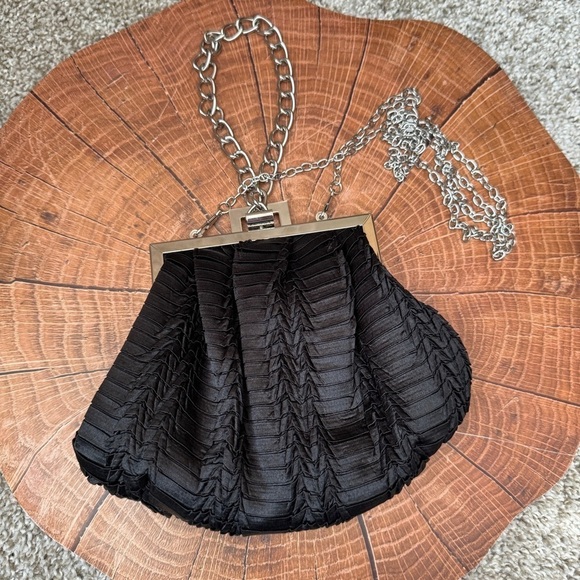 Black Satin Evening Bag Silver Hardware Chain Strap Wristlet Shoulder Purse - Picture 12 of 12